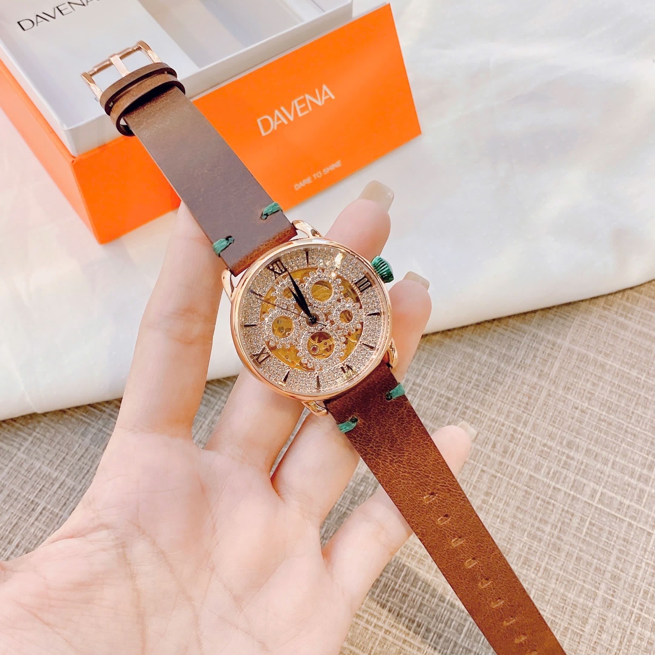 Đồng Hồ Davena Lộ Máy |Nữ Giới |Full Đá Rose Gold |Dây Da Nâu |Máy Cơ (Automatic) |Size 38mm |donghogiatot.vn