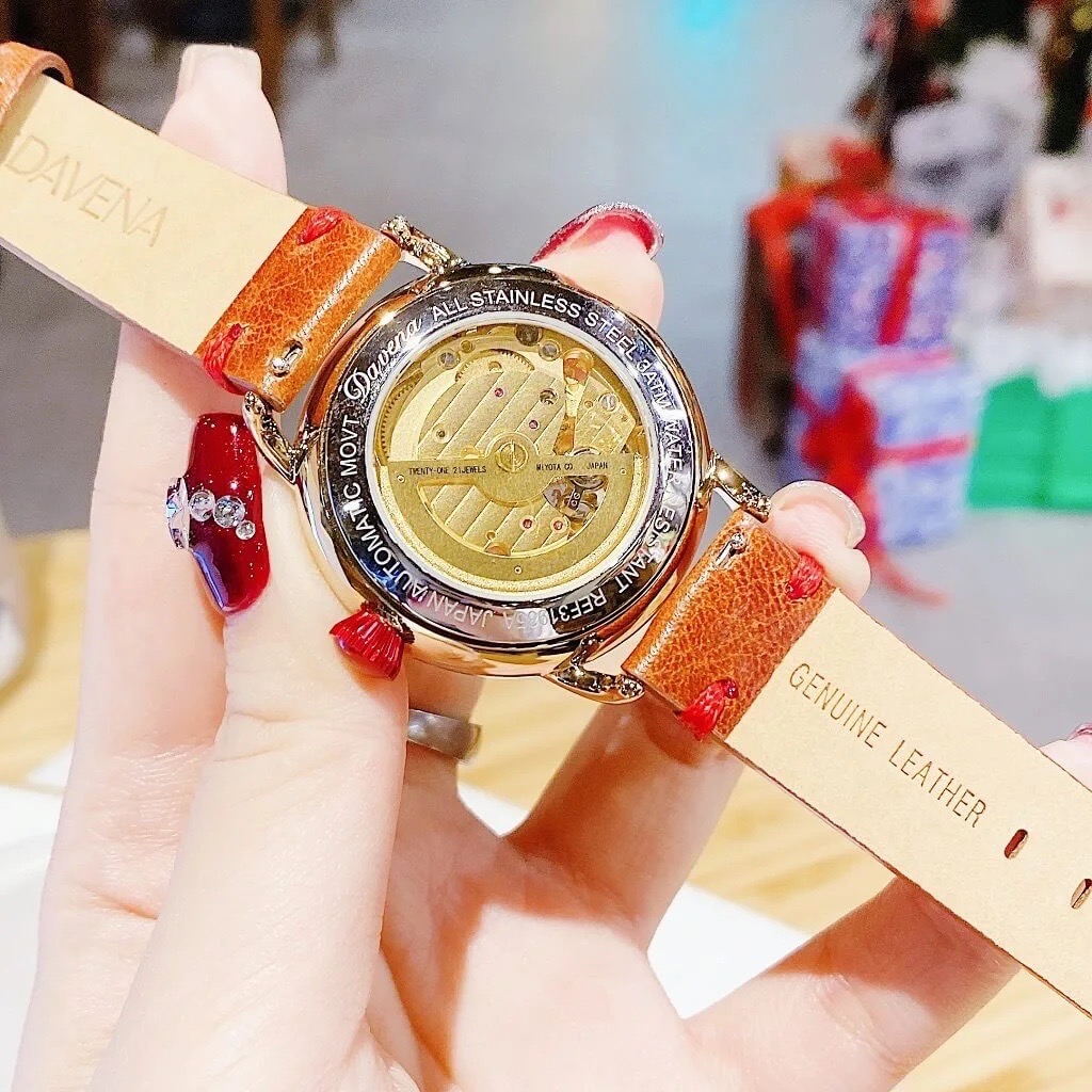 Đồng Hồ Davena Lộ Máy |Nữ Giới |Full Đá Vàng Gold |Dây Da Nâu |Máy Cơ (Automatic) |Size 38mm |donghogiatot.vn