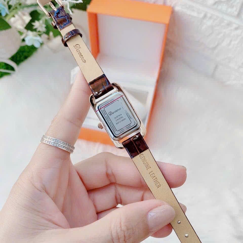 Đồng Hồ Davena Mặt Chữ Nhật |Nữ Giới |Đính Đá |Rose Gold |Dây Da Nâu |Máy Pin (Quartz) |Size 21x27mm |donghogiatot.vn