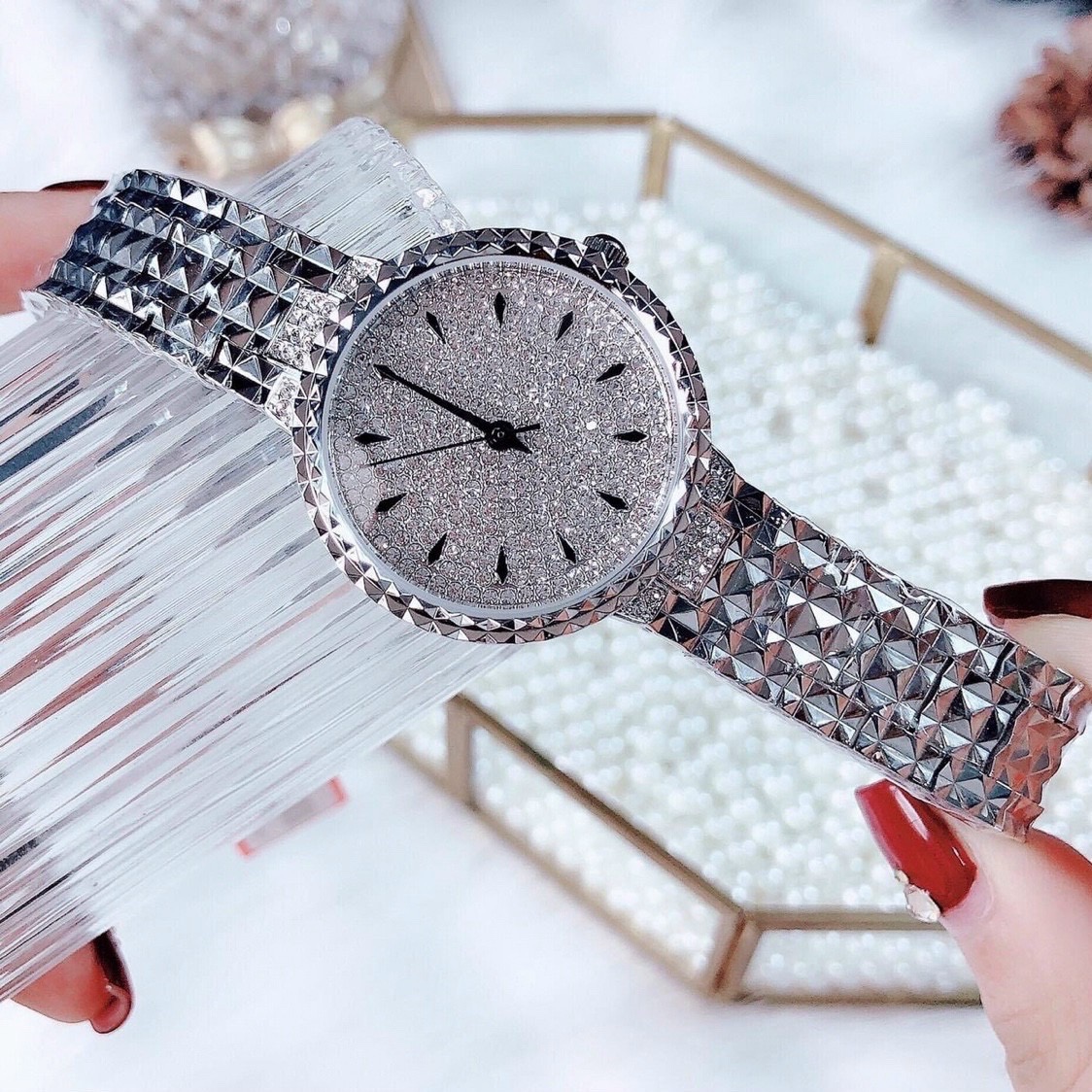 Đồng Hồ Davena Mặt Full Đá |Nữ Giới |Dây Kim Loại Trắng Silver |Máy Pin (Quartz) |Size 32mm |donghgiatot.vn