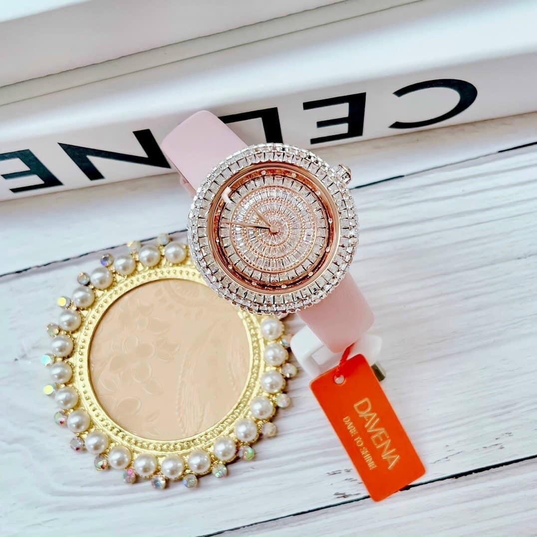 Đồng Hồ Davena Mặt Xoay |Nữ Giới |Full Đá Rose Gold |Dây Da Hồng |Máy Pin (Quartz) |Size 39mm |donghogiatot.vn