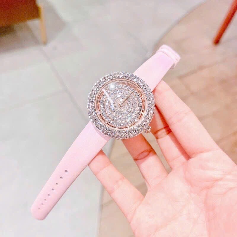 Đồng Hồ Davena Mặt Xoay |Nữ Giới |Full Đá Rose Gold |Dây Da Hồng |Máy Pin (Quartz) |Size 39mm |donghogiatot.vn