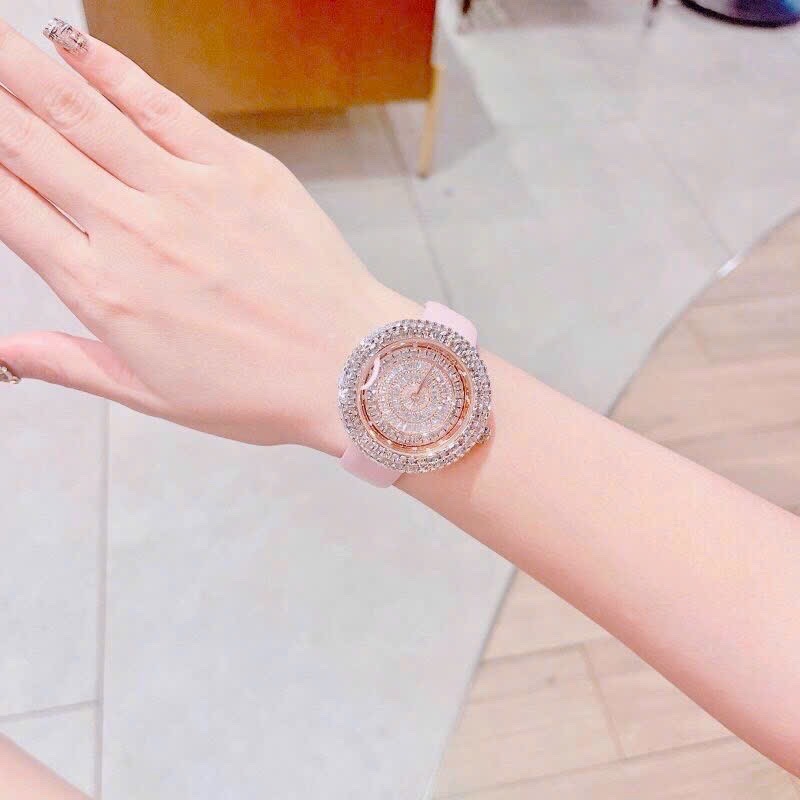 Đồng Hồ Davena Mặt Xoay |Nữ Giới |Full Đá Rose Gold |Dây Da Hồng |Máy Pin (Quartz) |Size 39mm |donghogiatot.vn