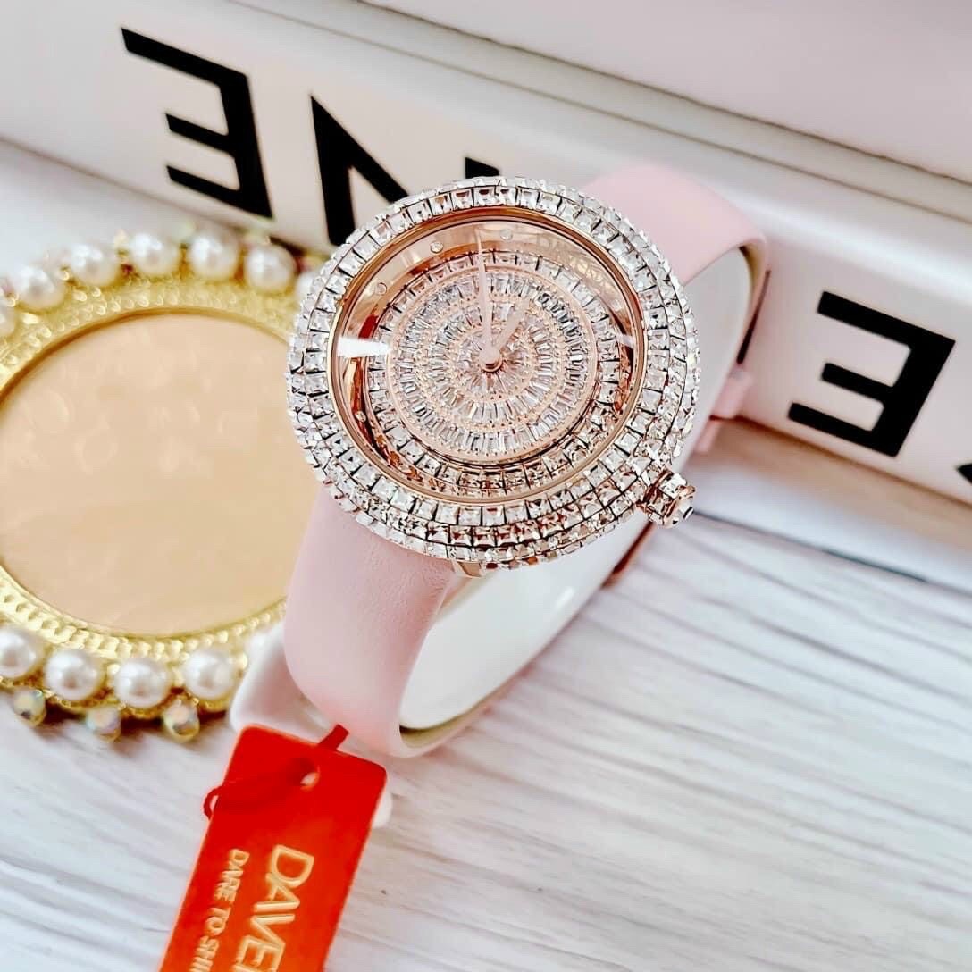 Đồng Hồ Davena Mặt Xoay |Nữ Giới |Full Đá Rose Gold |Dây Da Hồng |Máy Pin (Quartz) |Size 39mm |donghogiatot.vn