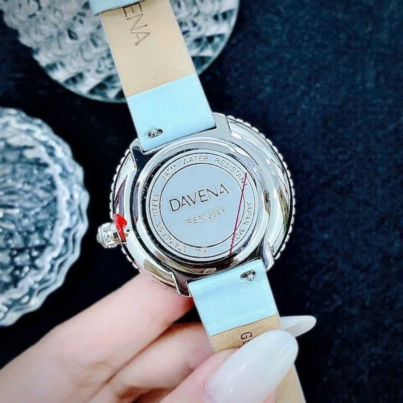 Đồng Hồ Davena Mặt Xoay |Nữ Giới |Full Đá Trắng Silver |Dây Da Xanh |Máy Pin (Quartz) |Size 39mm |donghogiatot.vn