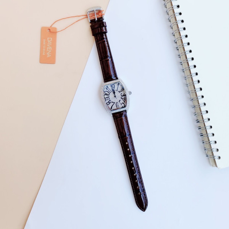 Đồng Hồ Davena Mặt Oval |Nữ Giới |Silver |Full Đá Swarovski |Dây Da Nâu |Máy Pin (Quartz) |Size 32x36mm |donghogiatot.vn