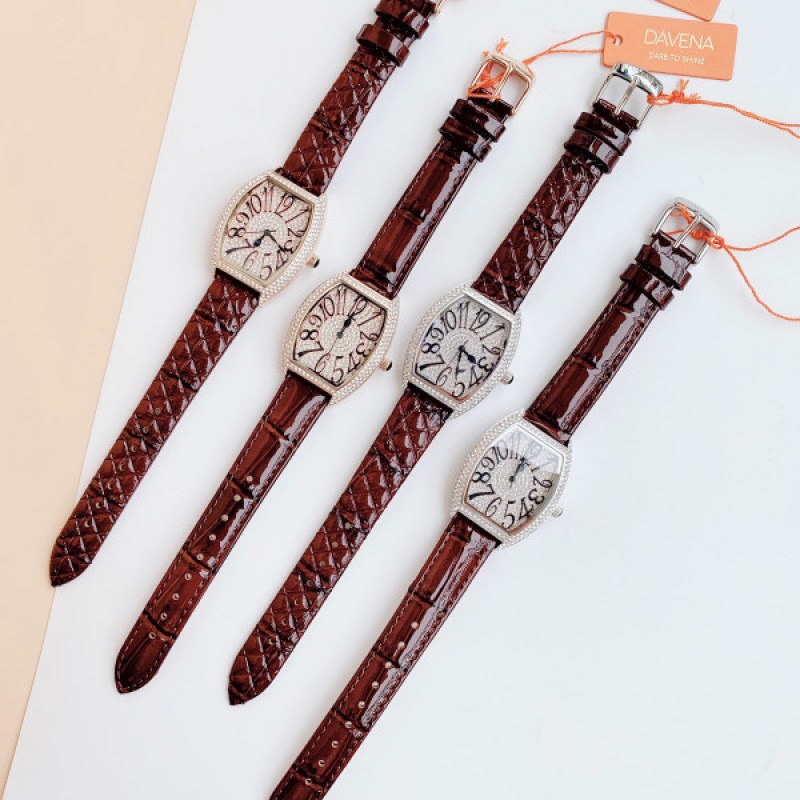 Đồng Hồ Davena Mặt Oval |Nữ Giới |Silver |Full Đá Swarovski |Dây Da Nâu |Máy Pin (Quartz) |Size 32x36mm |donghogiatot.vn