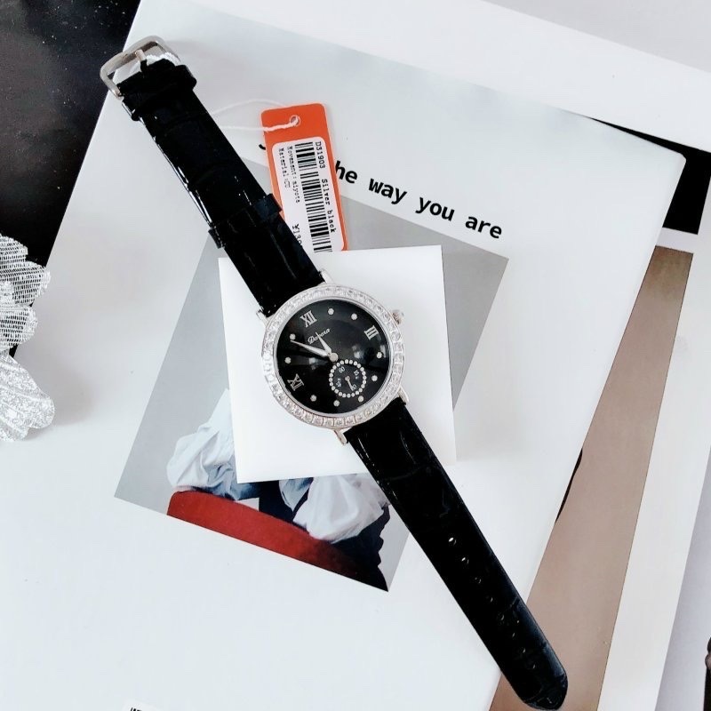 Đồng Hồ Davena Mặt Tròn Đen |Nữ Giới |Đính Đá |Dây Da Đen |Máy Pin (Quartz) |Size 38mm |donghogiatot.vn