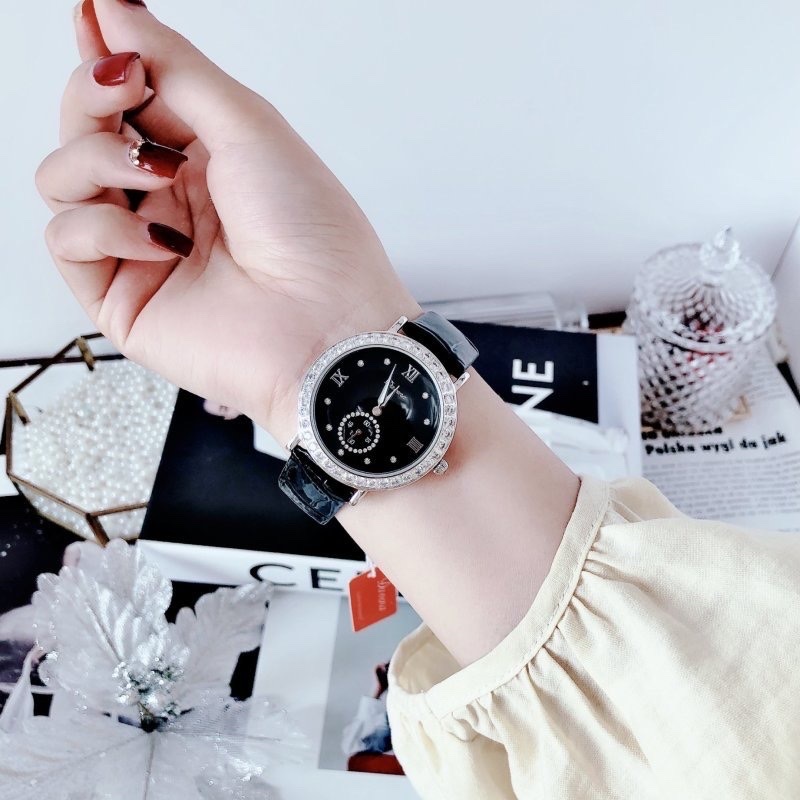 Đồng Hồ Davena Mặt Tròn Đen |Nữ Giới |Đính Đá |Dây Da Đen |Máy Pin (Quartz) |Size 38mm |donghogiatot.vn