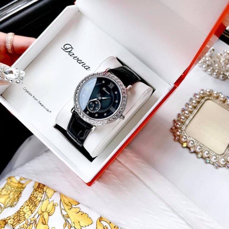 Đồng Hồ Davena Mặt Tròn Đen |Nữ Giới |Đính Đá |Dây Da Đen |Máy Pin (Quartz) |Size 38mm |donghogiatot.vn