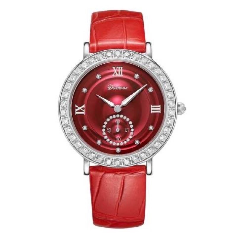 Đồng Hồ Davena Mặt Tròn Đỏ |Nữ Giới |Đính Đá |Dây Da Đỏ |Máy Pin (Quartz) |Size 38mm |donghogiatot.vn