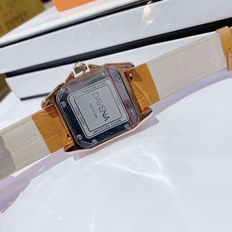 Đồng Hồ Davena Mặt Vuông Nâu Trà |Nữ Giới |Đính Đá |Dây Da Nâu |Máy Pin (Quartz) |Size 37mm |donghogiatot.vn