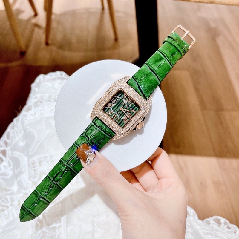 Đồng Hồ Davena Mặt Vuông |Nữ Giới |Đính Đá Rose Gold |Dây Da Xanh Lá |Máy Pin (Quartz) |Size 37mm |donghogiatot.vn