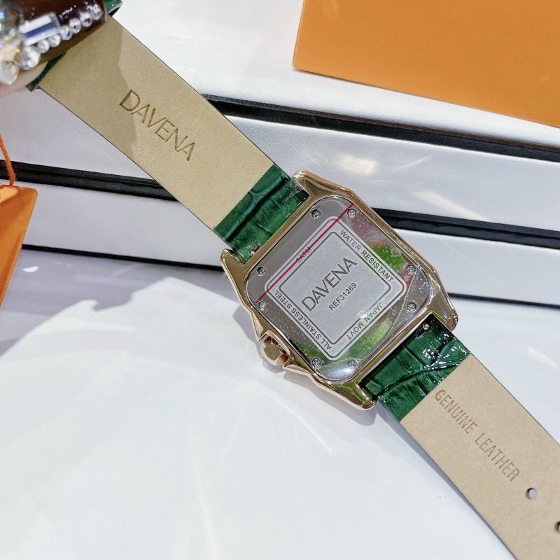 Đồng Hồ Davena Mặt Vuông |Nữ Giới |Đính Đá Rose Gold |Dây Da Xanh Lá |Máy Pin (Quartz) |Size 37mm |donghogiatot.vn