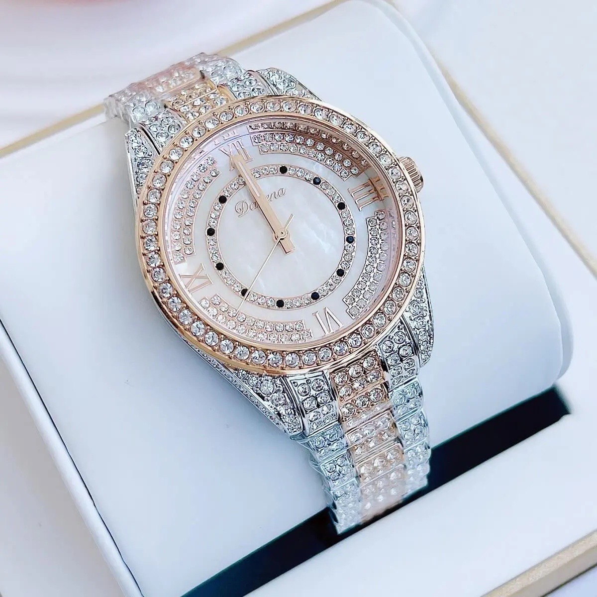 Đồng Hồ Davena Mặt Xà Cừ |Nữ Giới |Đính Đá |Dây Kim Loại Demi Rose Gold |Máy Pin (Quartz) |Size 38mm |donghogiatot.vn