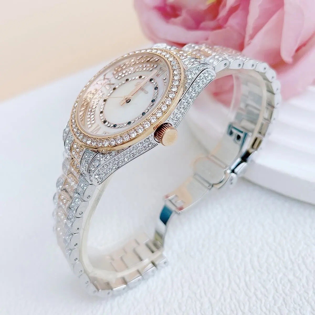 Đồng Hồ Davena Mặt Xà Cừ |Nữ Giới |Đính Đá |Dây Kim Loại Demi Rose Gold |Máy Pin (Quartz) |Size 38mm |donghogiatot.vn