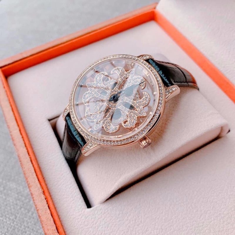 Đồng Hồ Davena Bông Hoa Xoay |Nữ Giới |Đính Đá Rose Gold |Dây Da Đen |Máy Pin (Quartz) |Size 39mm |donghogiatot.vn