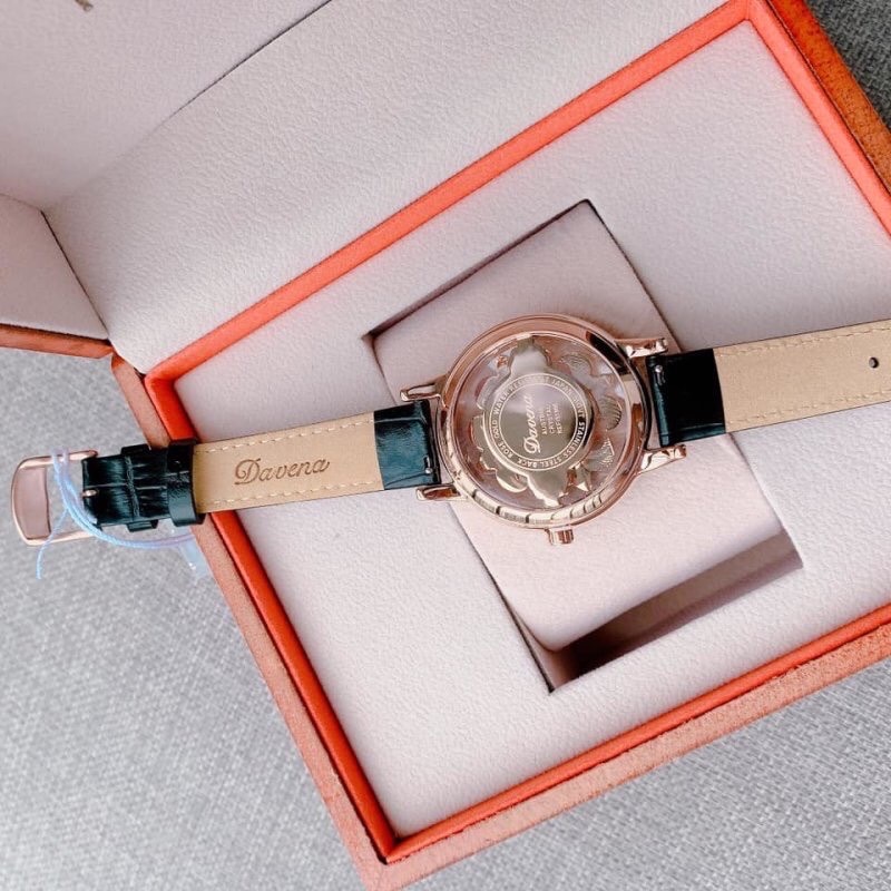 Đồng Hồ Davena Bông Hoa Xoay |Nữ Giới |Đính Đá Rose Gold |Dây Da Đen |Máy Pin (Quartz) |Size 39mm |donghogiatot.vn