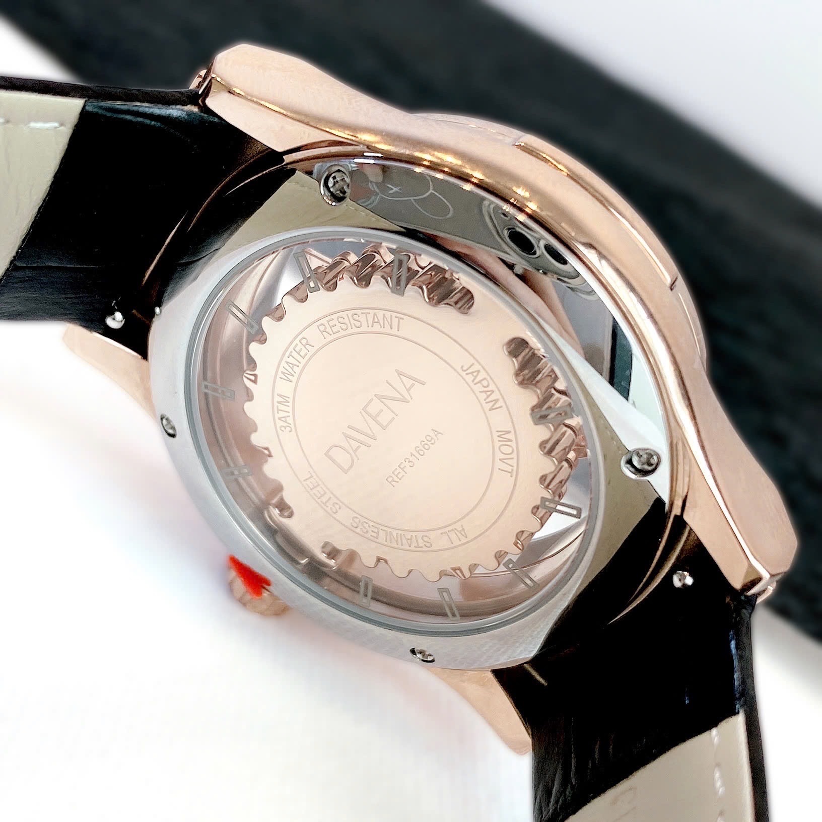 Đồng Hồ Davena Ngôi Sao Xoay |Nữ Giới |Full Đá Rose Gold |Dây Da Đen |Máy Pin (Quartz) |Size 38mm |donghogiatot.vn