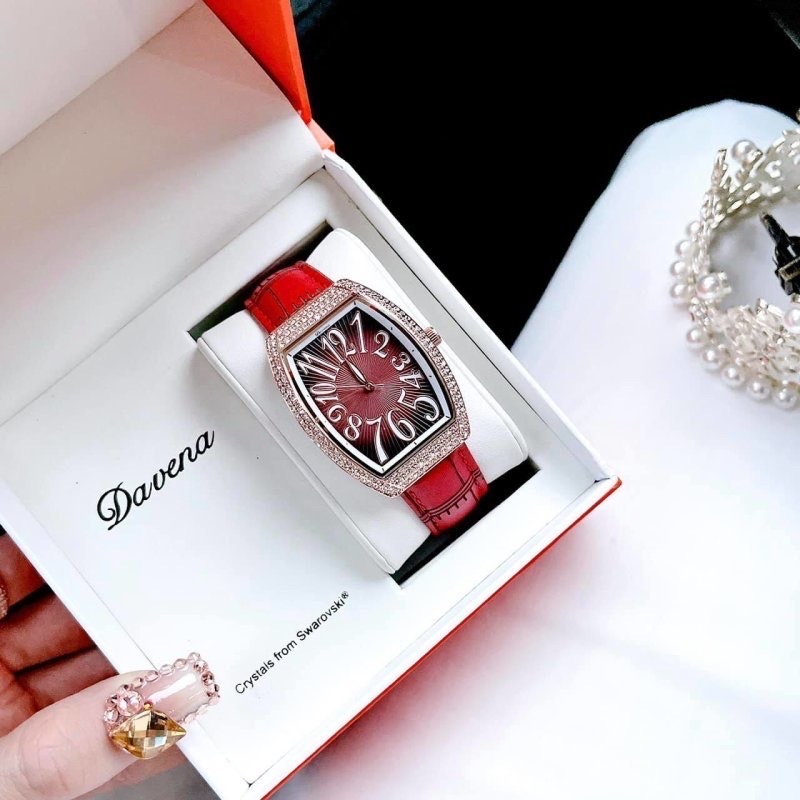 Đồng Hồ Davena Tựa Frank Muller |Nữ Giới |Đính Đá Rose Gold |Dây Da Đỏ |Máy Pin (Quartz) |Size 34mm |donghogiatot.vn