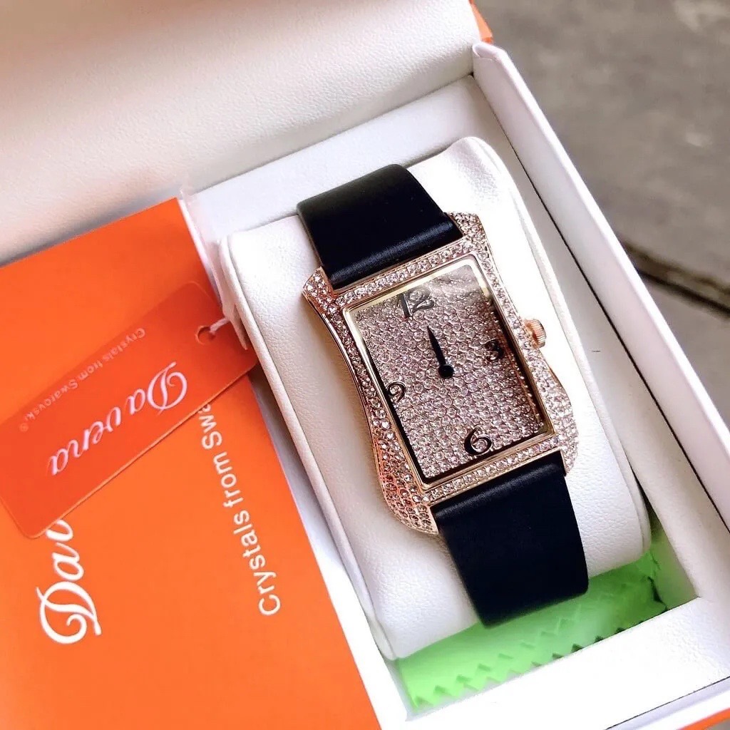 Đồng Hồ Davena Tựa Hermes |Nữ Giới |Full Đá Rose Gold |Dây Da Đen |Máy Pin (Máy Quartz) |Size 28x40mm |donghogiatot.vn