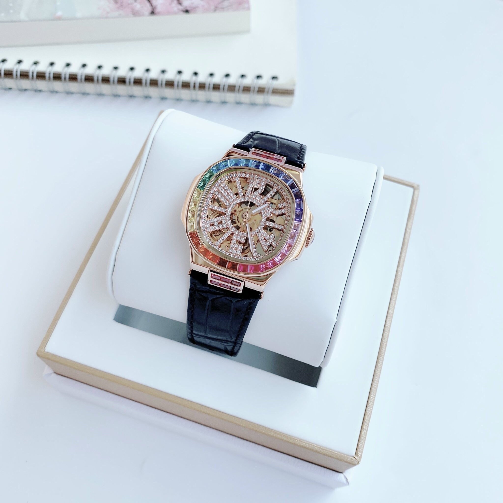 Đồng Hồ Davena Tựa Patek Philip |Nữ Giới |Full Đá Rose Gold |Dây Da Đen |Máy Cơ (Automatic) |Size 34mm |donghogiatot.vn