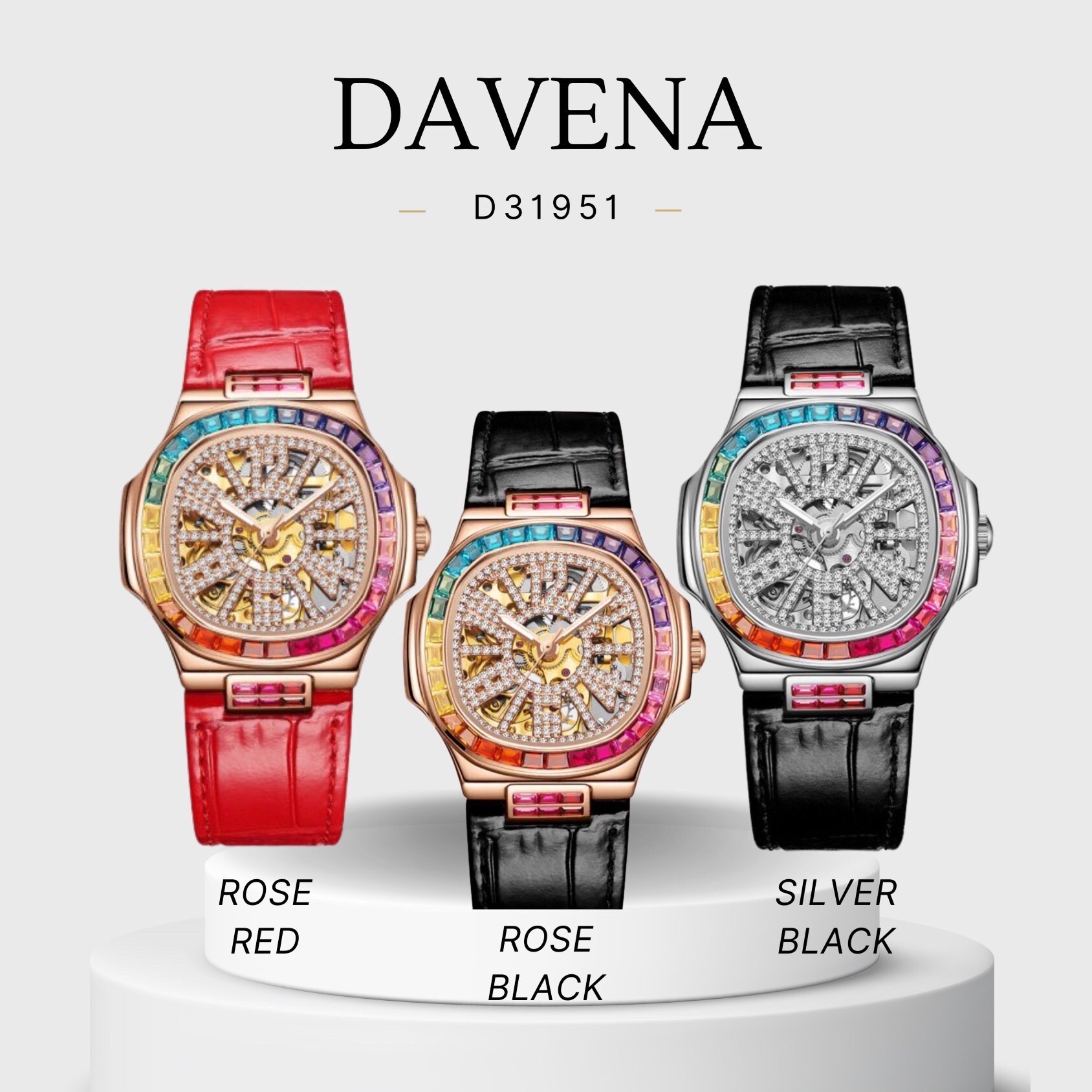 Đồng Hồ Davena Tựa Patek Philip |Nữ Giới |Full Đá Rose Gold |Dây Da Đen |Máy Cơ (Automatic) |Size 34mm |donghogiatot.vn