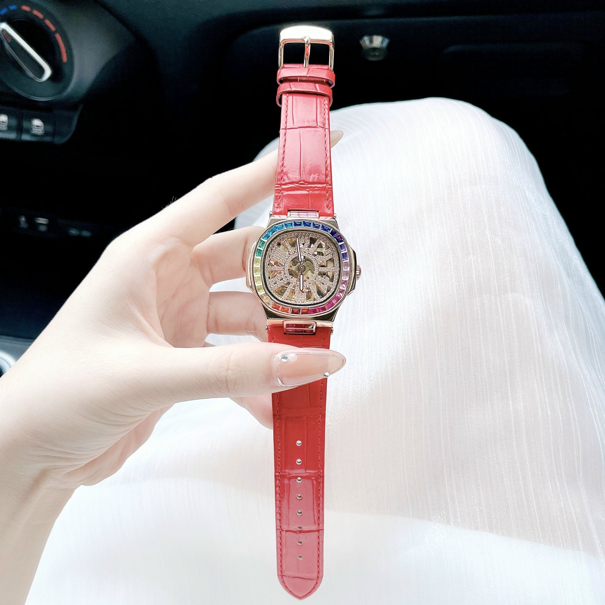 Đồng Hồ Davena Tựa Patek Philip |Nữ Giới |Full Đá Rose Gold |Dây Da Đỏ |Máy Cơ (Automatic) |Size 34mm |donghogiatot.vn