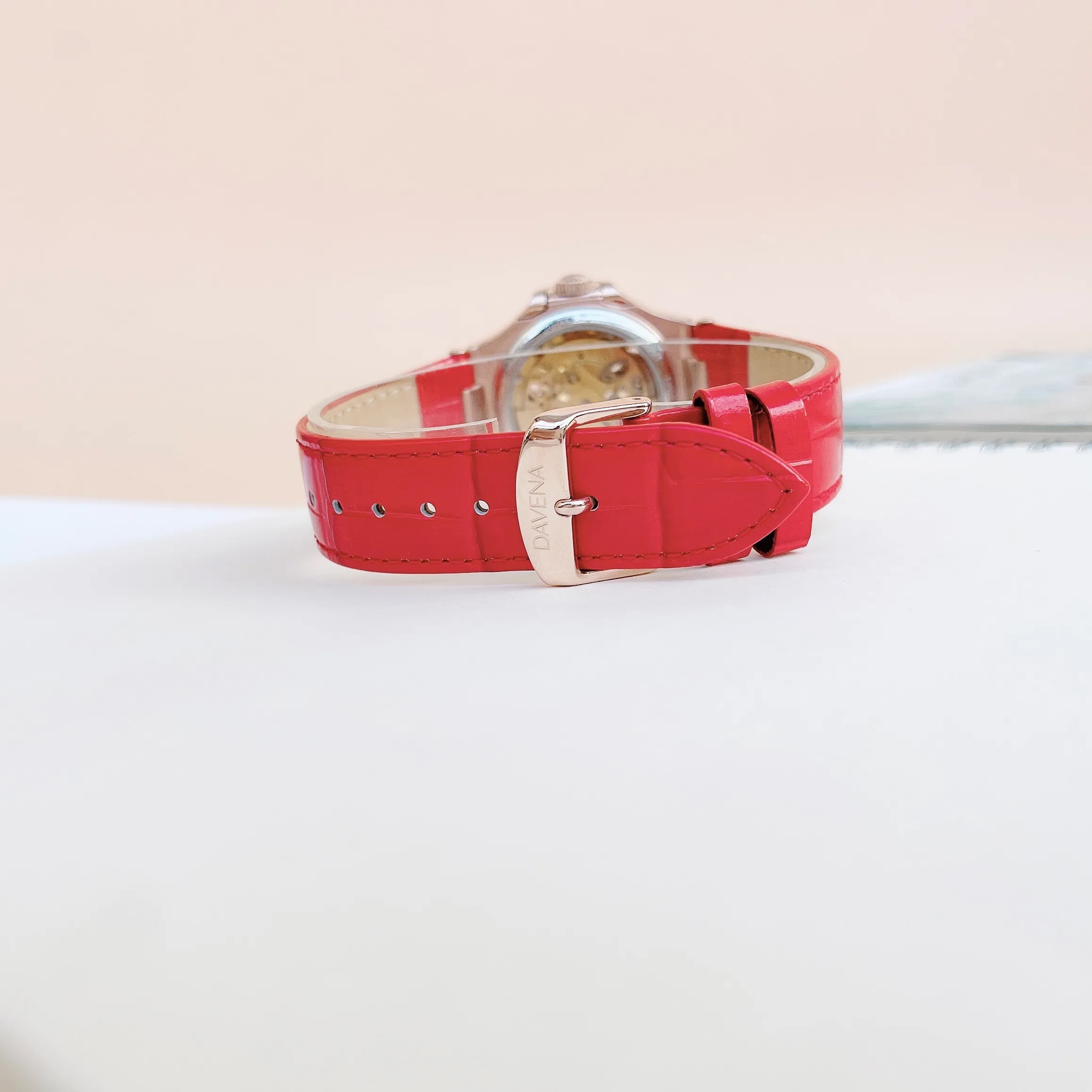 Đồng Hồ Davena Tựa Patek Philip |Nữ Giới |Full Đá Rose Gold |Dây Da Đỏ |Máy Cơ (Automatic) |Size 34mm |donghogiatot.vn