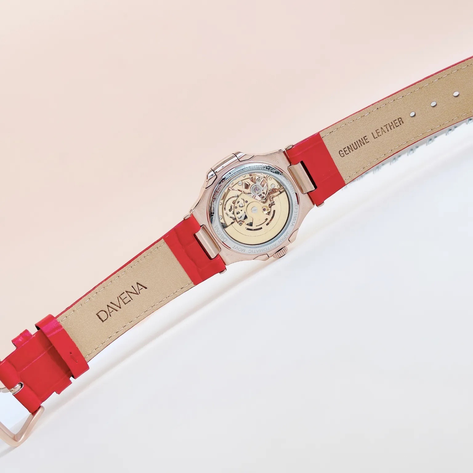 Đồng Hồ Davena Tựa Patek Philip |Nữ Giới |Full Đá Rose Gold |Dây Da Đỏ |Máy Cơ (Automatic) |Size 34mm |donghogiatot.vn