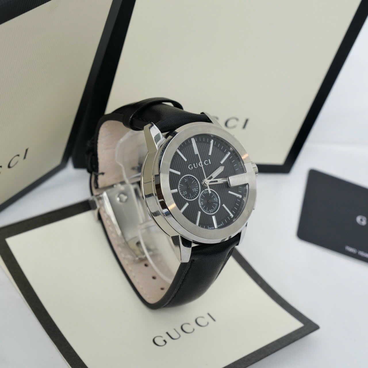 Đồng Hồ Gucci G-Timeless G-Chrono |Nam |6 Kim |Silver |Dây Da Màu Đen |Máy Pin (Quartz) |Size 42mm |donghogiatot.vn