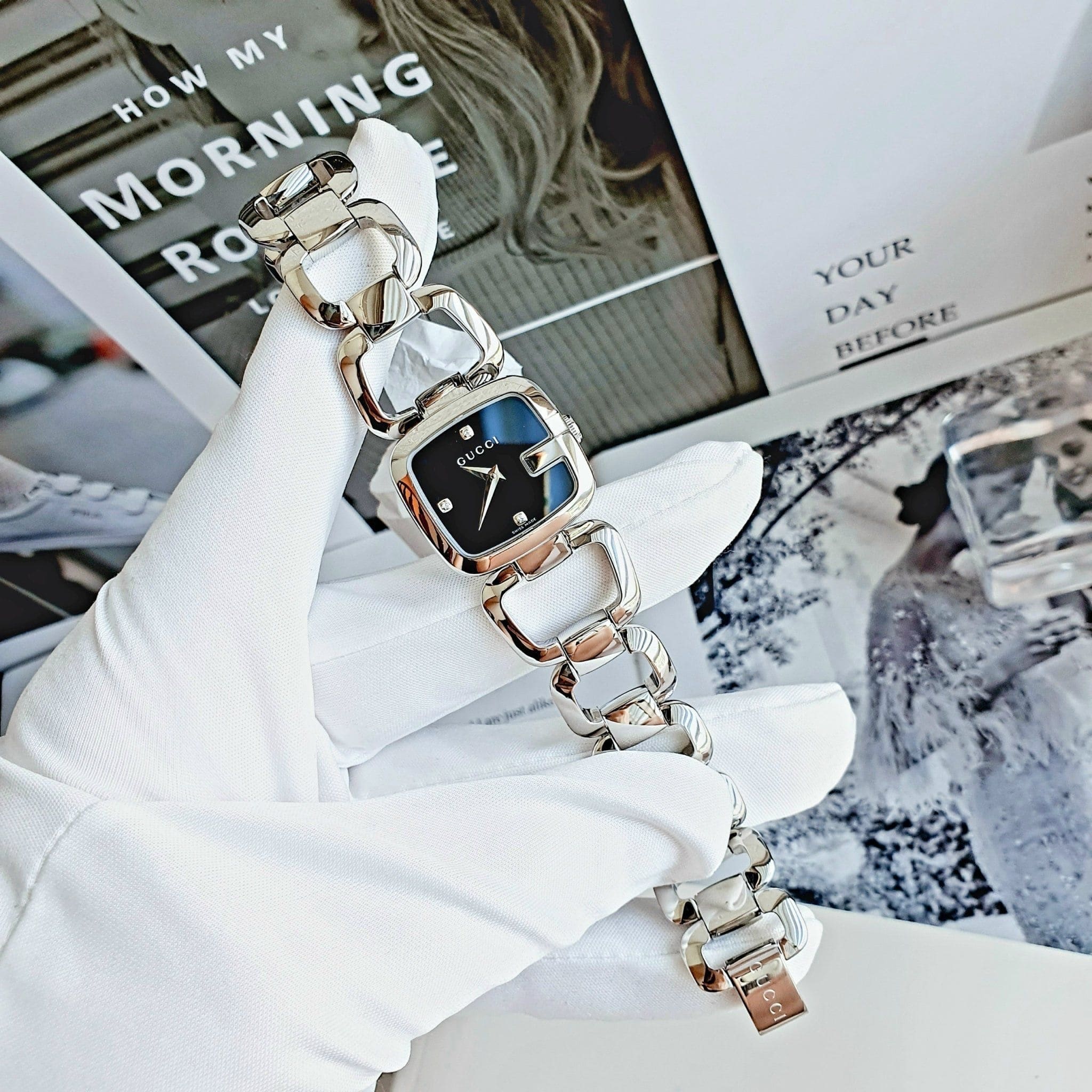 Đồng Hồ Gucci G-Gucci |Nữ Giới |Mặt Vuông Đen |Lắc Tay Silver |Máy Pin (Quartz) |Size 24mm |donghogiatot.vn