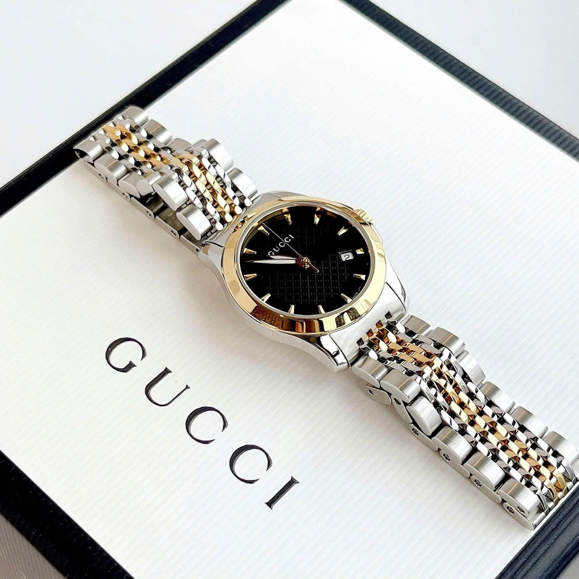 Đồng Hồ Gucci G-Timeless Black |Nữ Giới |Dây Kim Loại Demi Vàng Gold |Máy Pin (Quartz) |Size 28mm |donghogiatot.vn