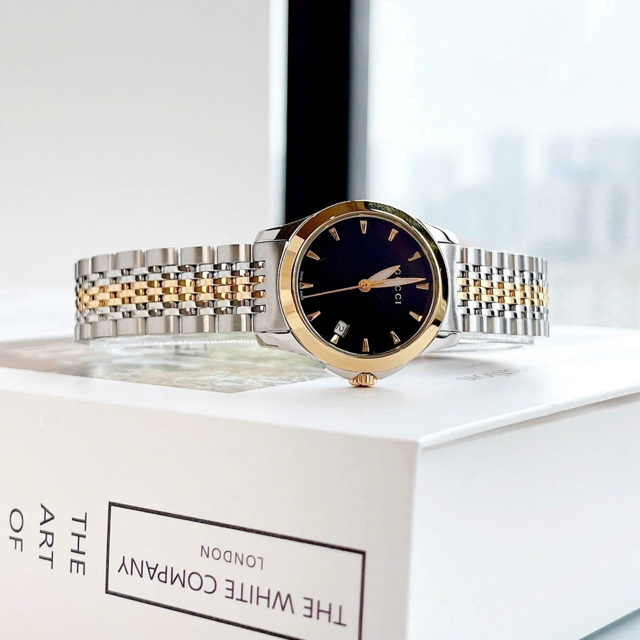 Đồng Hồ Gucci G-Timeless Black |Nữ Giới |Dây Kim Loại Demi Vàng Gold |Máy Pin (Quartz) |Size 28mm |donghogiatot.vn