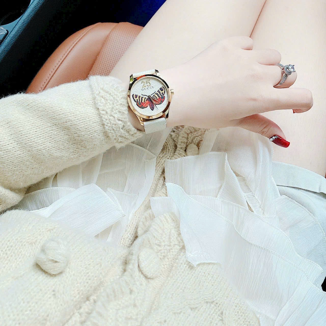Đồng Hồ Gucci G-Timeless Butterfly |Nữ |Mặt Hình Bướm |Dây Da Trắng |Máy Pin (Quartz) |Size 38mm |donghogiatot.vn
