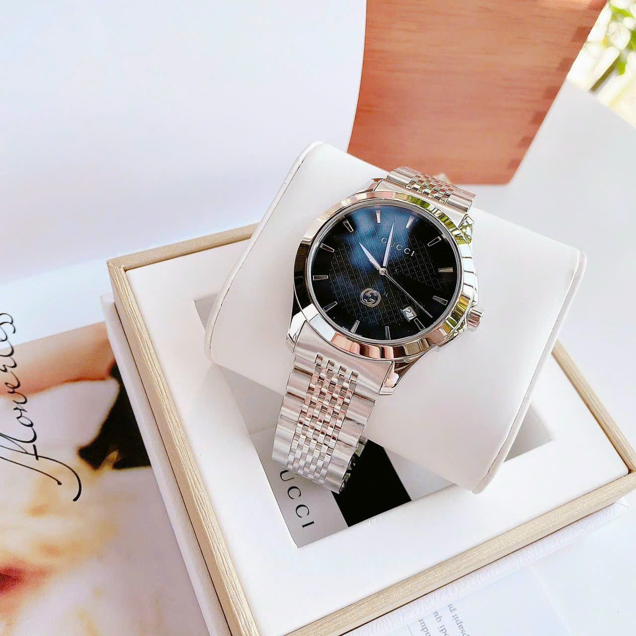 Đồng Hồ Gucci G-Timeless |Cặp Đôi |Mặt Màu Đen |Dây Kim Loại Silver |Size 38x28mm |donghogiatot.vn