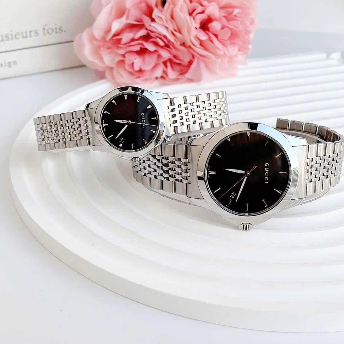 Đồng Hồ Gucci G-Timeless |Cặp Đôi |Mặt Màu Đen |Dây Kim Loại Silver |Size 38x28mm |donghogiatot.vn