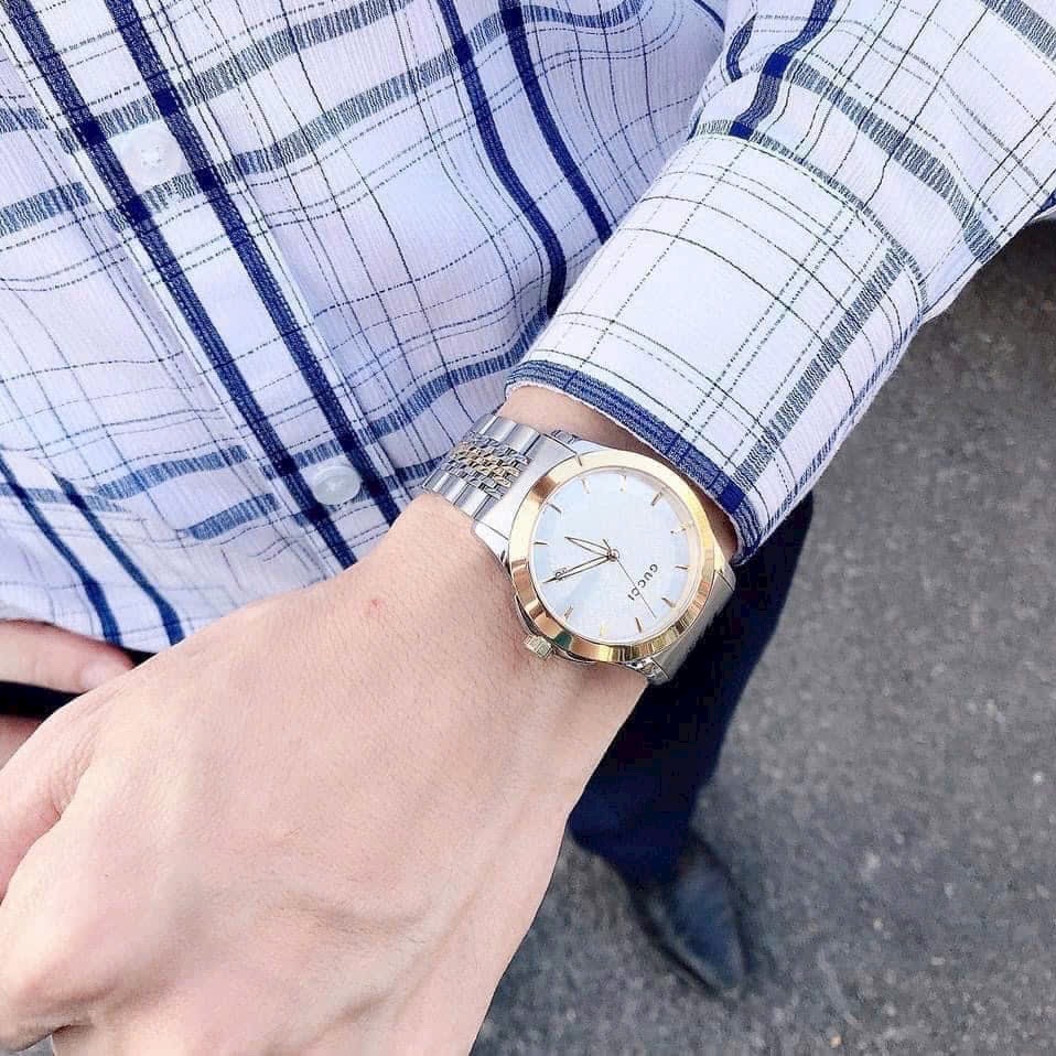 Đồng Hồ Gucci G-Timeless |Cặp Đôi |Mặt Màu Trắng |Dây Kim Loại Demi Vàng Gold |Size 38x28mm |donghogiatot.vn