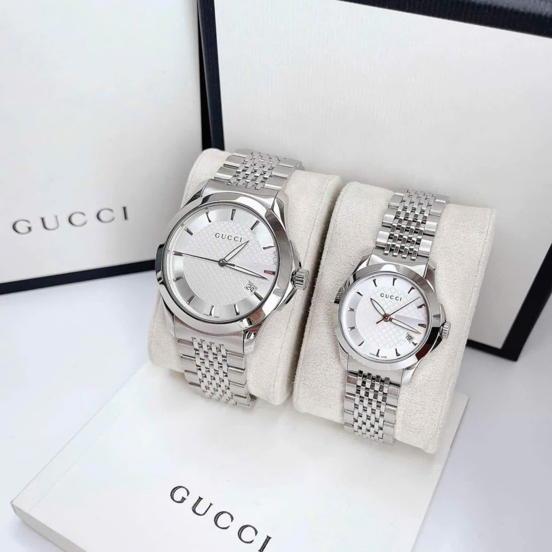 Đồng Hồ Gucci G-Timeless |Cặp Đôi |Mặt Màu Trắng |Dây Kim Loại Silver |Size 38x28mm |donghogiatot.vn