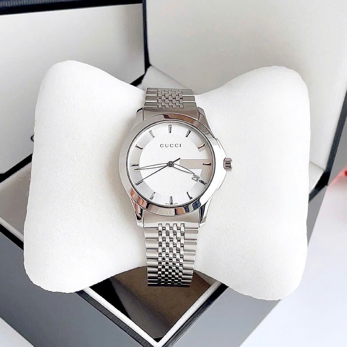 Đồng Hồ Gucci G-Timeless |Cặp Đôi |Mặt Màu Trắng |Dây Kim Loại Silver |Size 38x28mm |donghogiatot.vn