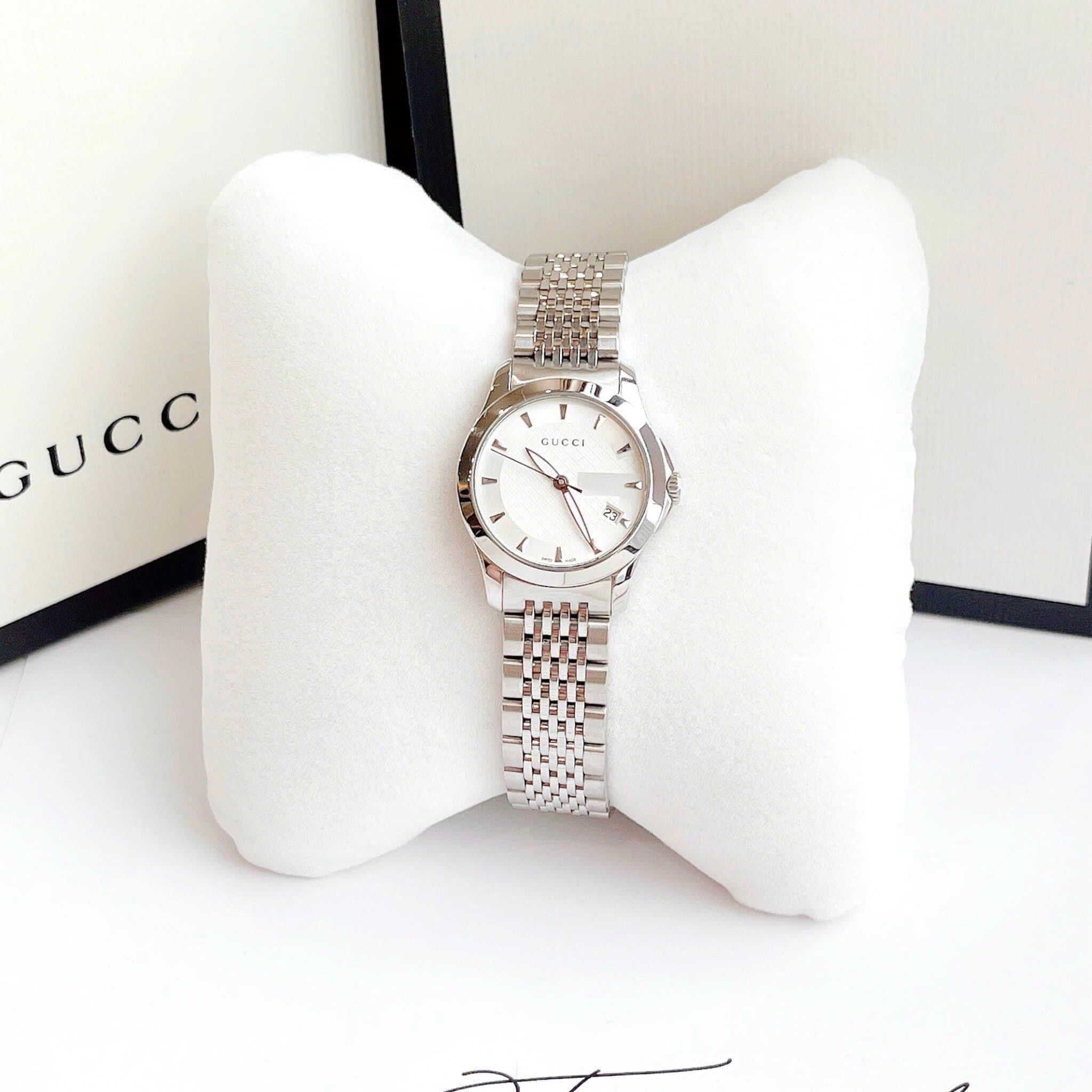 Đồng Hồ Gucci G-Timeless |Cặp Đôi |Mặt Màu Trắng |Dây Kim Loại Silver |Size 38x28mm |donghogiatot.vn