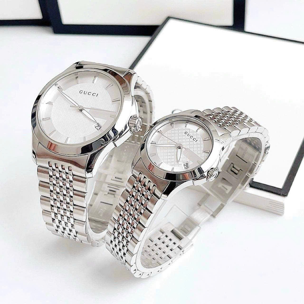Đồng Hồ Gucci G-Timeless |Cặp Đôi |Mặt Màu Trắng |Dây Kim Loại Silver |Size 38x28mm |donghogiatot.vn