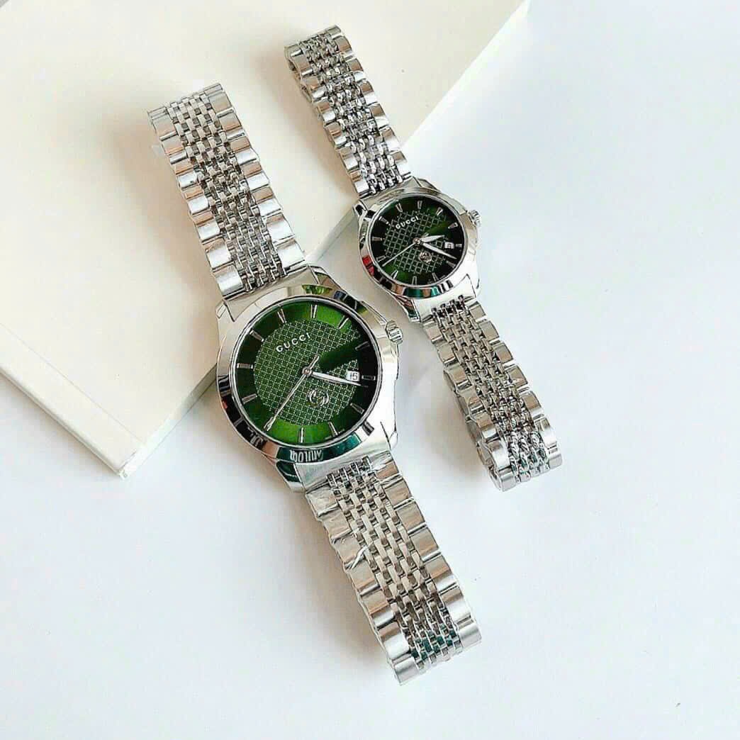 Đồng Hồ Gucci G-Timeless |Cặp Đôi |Mặt Xanh Lá |Dây Kim Loại Silver |Size 38x28mm |donghogiatot.vn