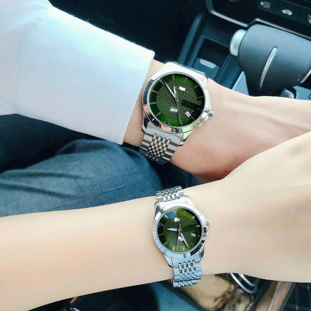 Đồng Hồ Gucci G-Timeless |Cặp Đôi |Mặt Xanh Lá |Dây Kim Loại Silver |Size 38x28mm |donghogiatot.vn