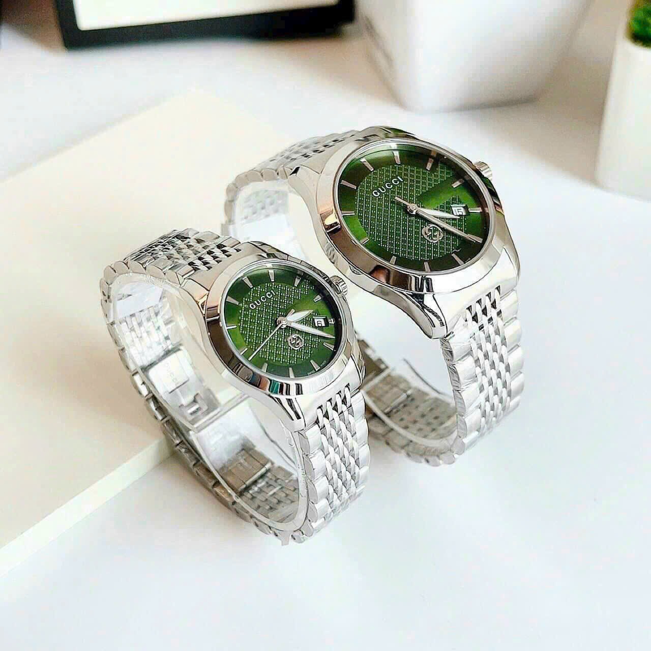 Đồng Hồ Gucci G-Timeless |Cặp Đôi |Mặt Xanh Lá |Dây Kim Loại Silver |Size 38x28mm |donghogiatot.vn