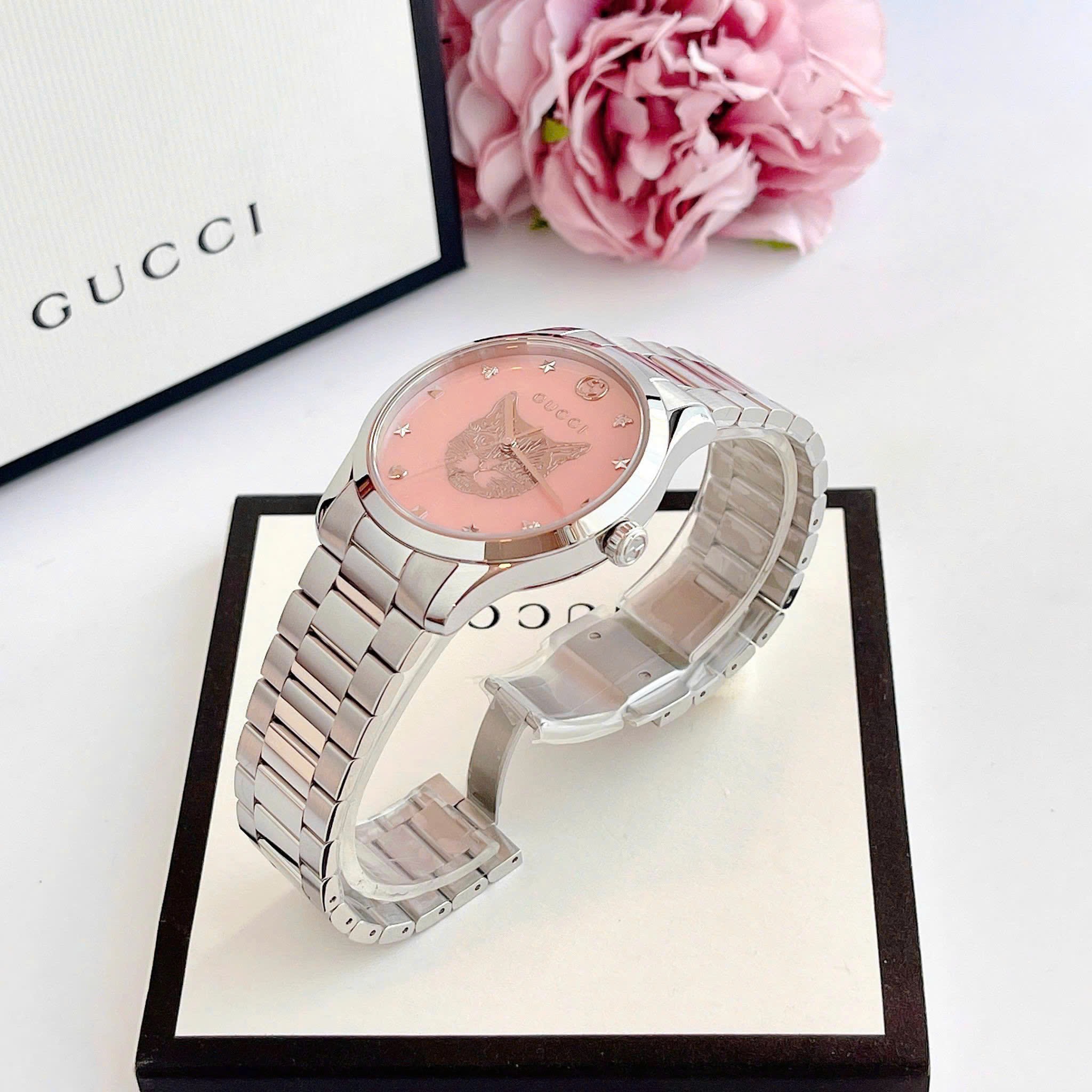 Đồng Hồ Gucci G-Timeless Cat |Nam |Mặt Mèo Hồng |Dây Kim Loại Silver |Máy Pin (Quartz) |Size 38mm |donghogiatot.vn
