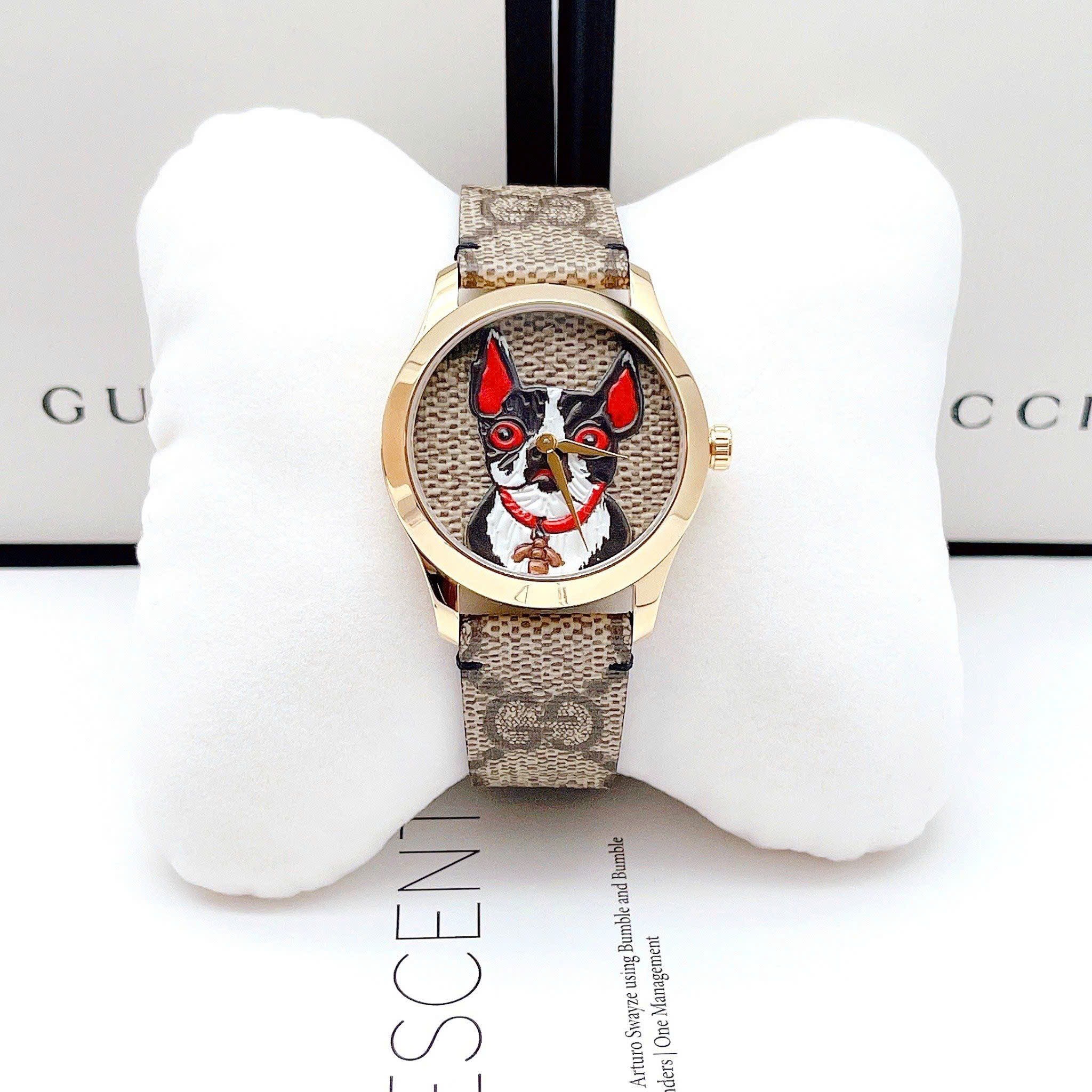 Đồng Hồ Gucci G-Timeless Dog Bull |Nữ |Vàng Gold |Dây Da Nâu Họa Tiết |Máy Pin (Quartz) |Size 38mm |donghogiatot.vn