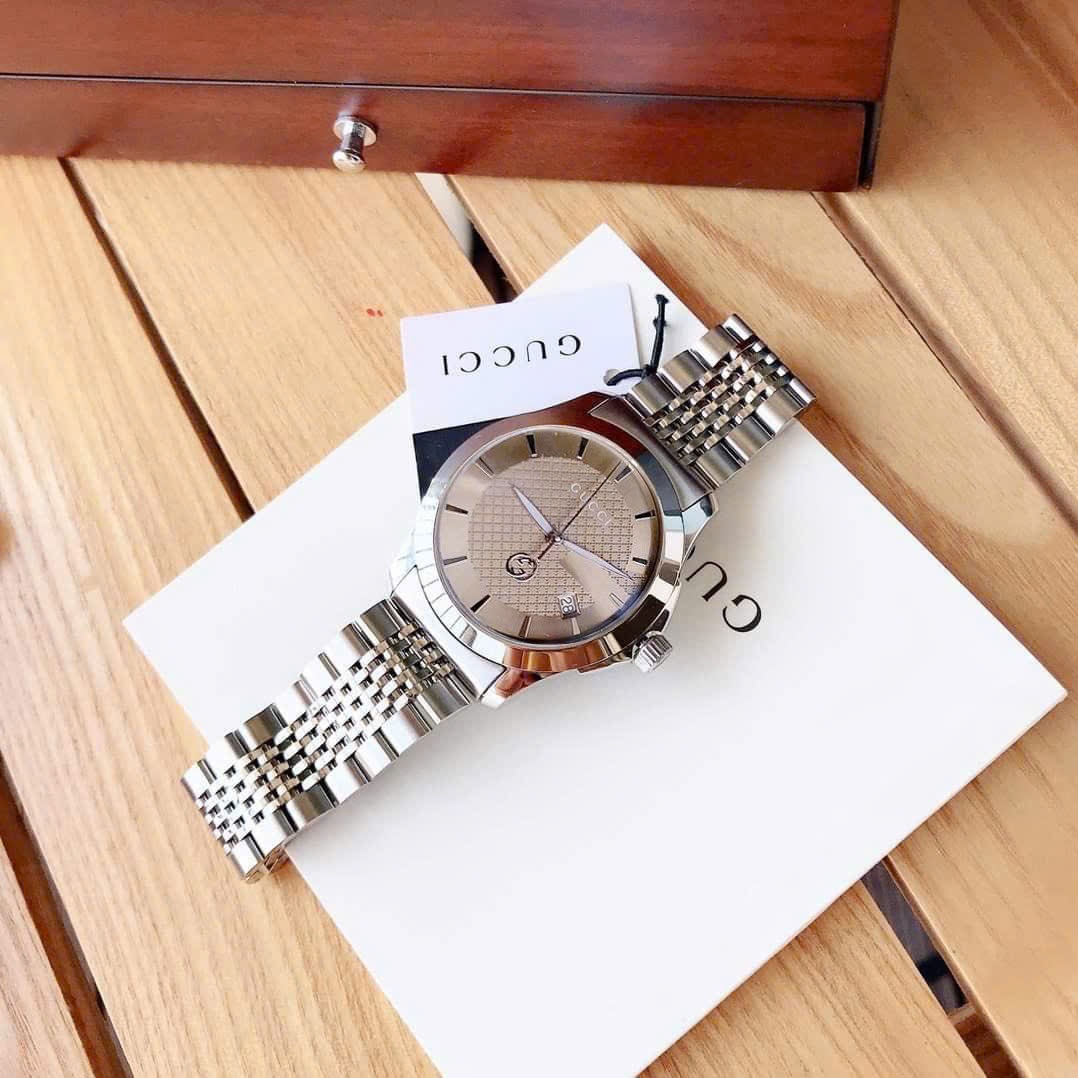 Đồng Hồ Gucci G-Timeless |Nam Giới |Mặt Nâu |Dây Kim Loại Silver |Máy Pin (Quartz) |Size 38mm |donghogiatot.vn
