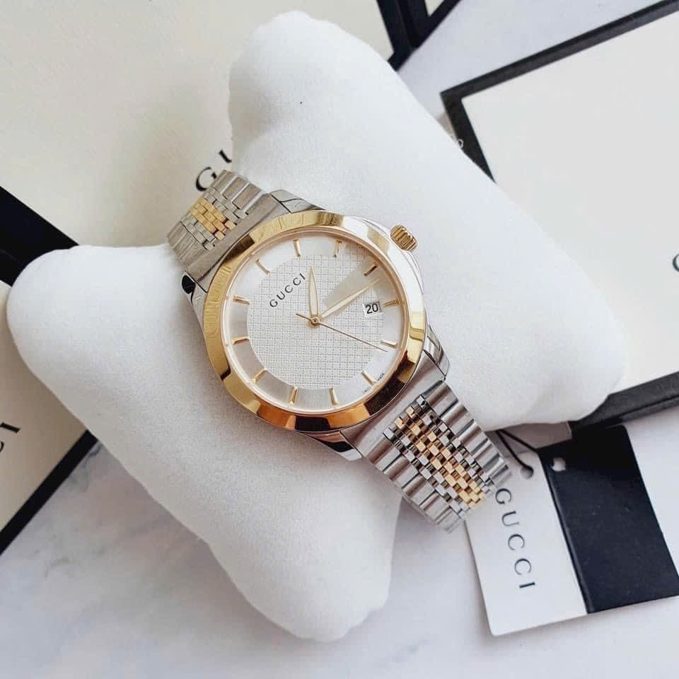 Đồng Hồ Gucci G-Timeless |Nam Giới |Mặt Trắng |Dây Kim Loại Demi Vàng |Máy Pin (Quartz) |Size 38mm |donghogiatot.vn