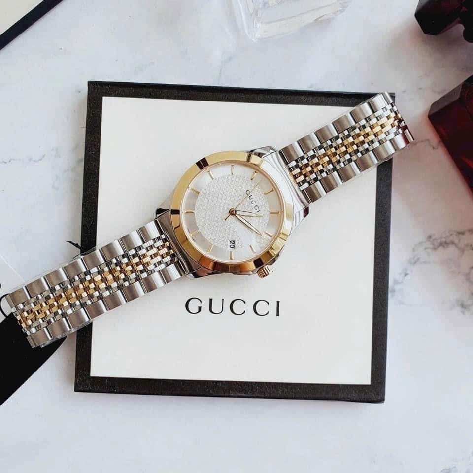 Đồng Hồ Gucci G-Timeless |Nam Giới |Mặt Trắng |Dây Kim Loại Demi Vàng |Máy Pin (Quartz) |Size 38mm |donghogiatot.vn